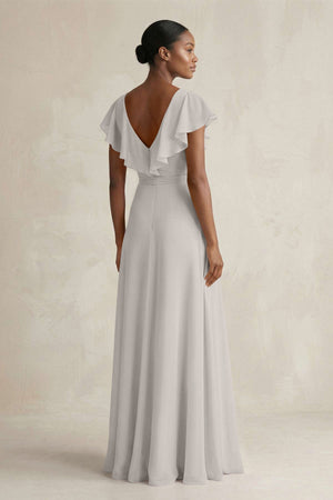 A-Line V-Neck Ruffled Sleeve Chiffon Bridesmaid Dress in Silver - KissProm BRIDESMAID DRESSES