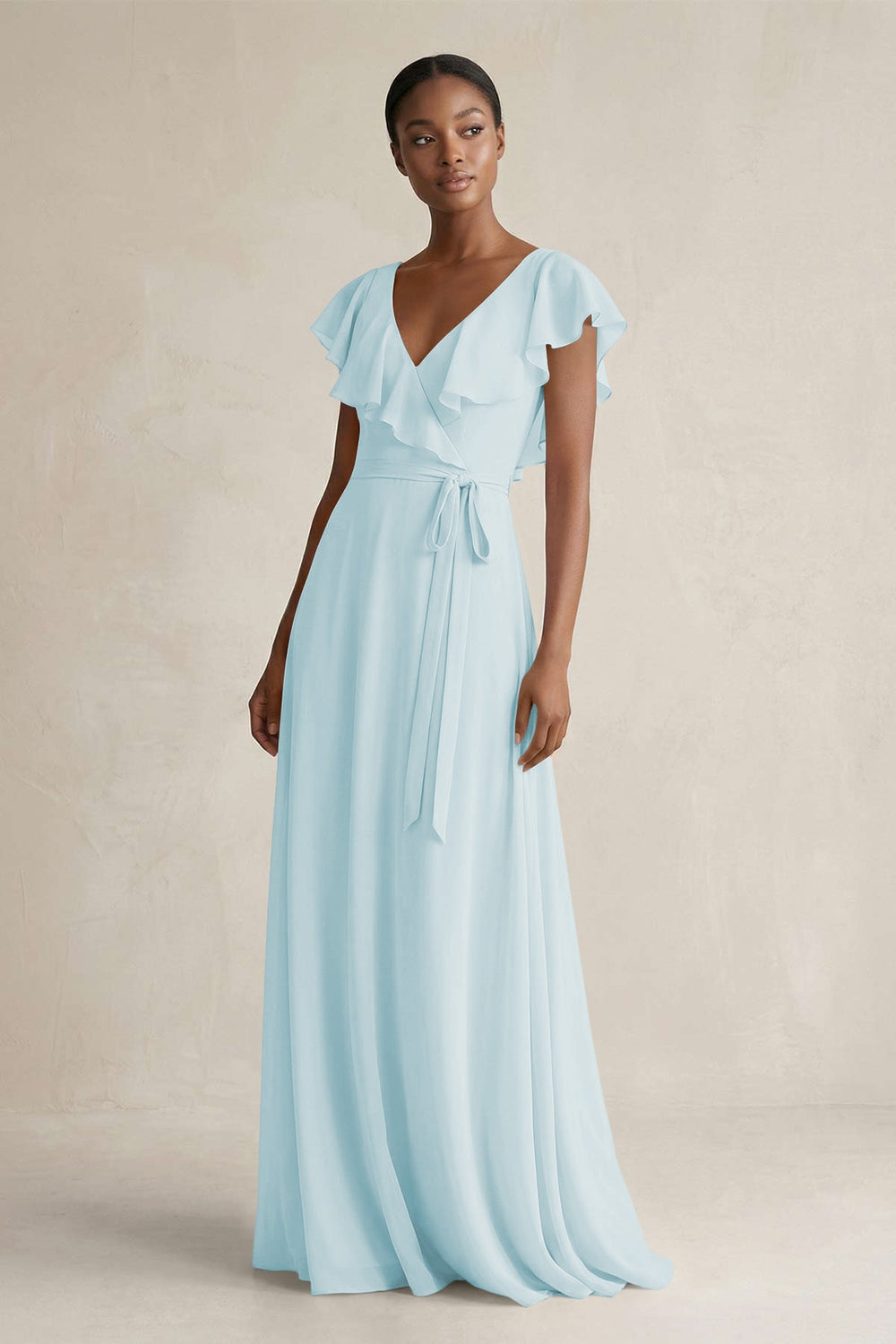 A-Line V-Neck Ruffled Sleeve Chiffon Bridesmaid Dress in Sky Blue - KissProm BRIDESMAID DRESSES