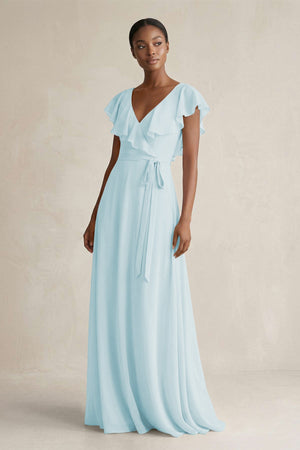 A-Line V-Neck Ruffled Sleeve Chiffon Bridesmaid Dress in Sky Blue - KissProm BRIDESMAID DRESSES