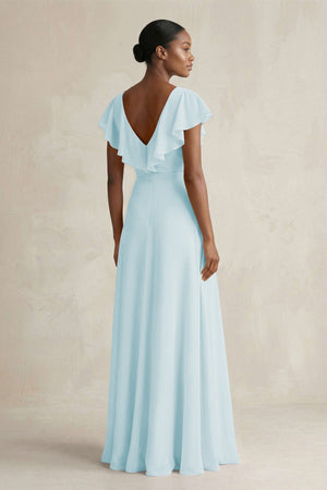 A-Line V-Neck Ruffled Sleeve Chiffon Bridesmaid Dress in Sky Blue - KissProm BRIDESMAID DRESSES