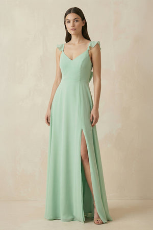 Ruffled Sleeve A - Line Chiffon Bridesmaid Dress - KissProm Bridesmaid Dresses