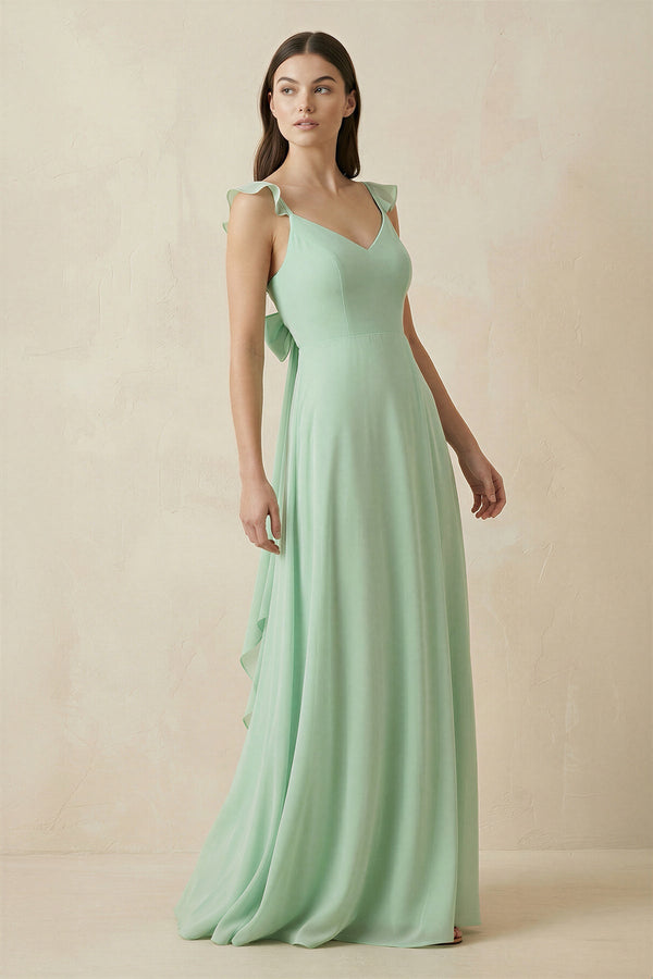 Ruffled Sleeve A - Line Chiffon Bridesmaid Dress - KissProm Bridesmaid Dresses
