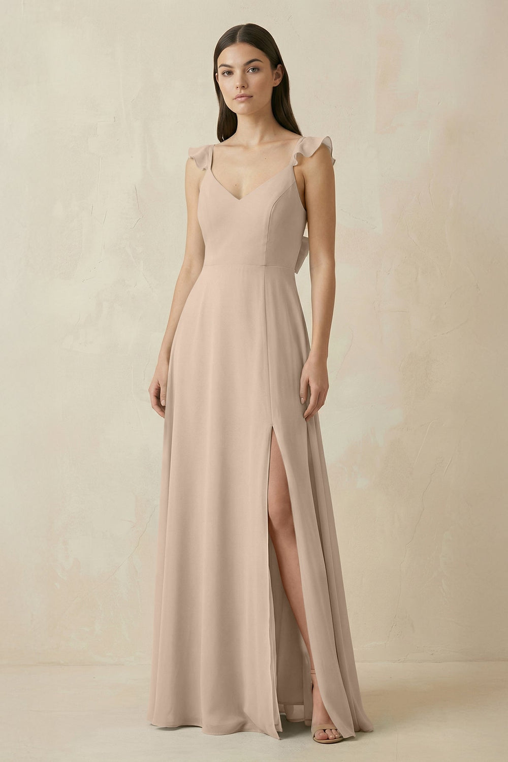 Ruffled Sleeve A - Line Chiffon Bridesmaid Dress in Almond - KissProm Bridesmaid Dresses