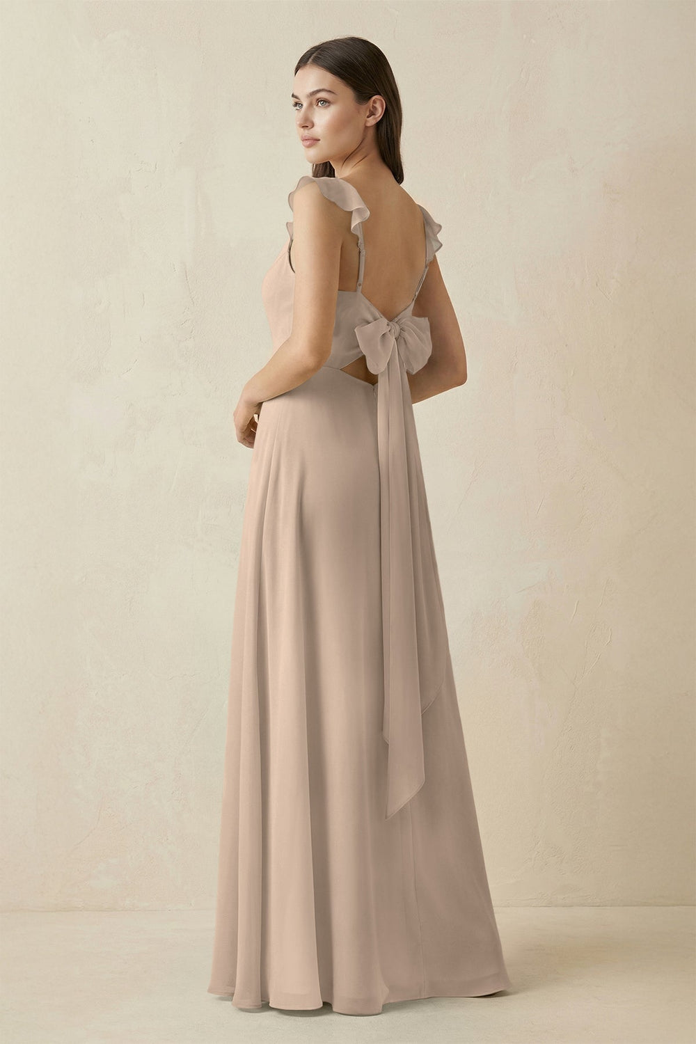Ruffled Sleeve A - Line Chiffon Bridesmaid Dress in Almond - KissProm Bridesmaid Dresses