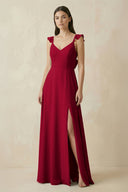 Ruffled Sleeve A - Line Chiffon Bridesmaid Dress in Berry - KissProm Bridesmaid Dresses