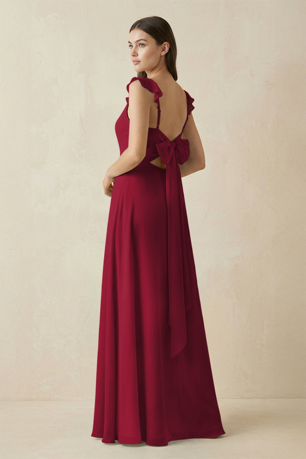 Ruffled Sleeve A - Line Chiffon Bridesmaid Dress in Berry - KissProm Bridesmaid Dresses
