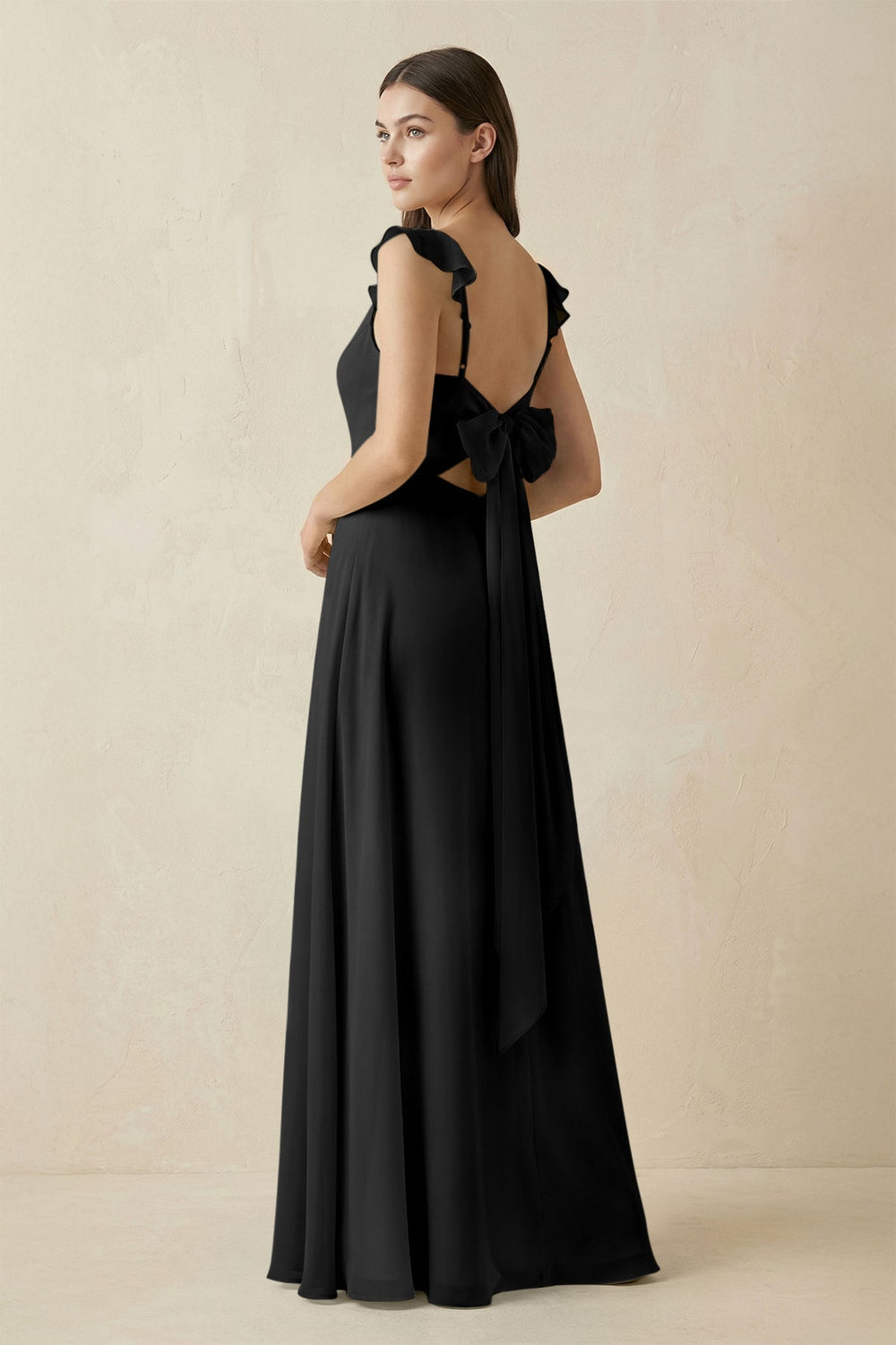 Ruffled Sleeve A - Line Chiffon Bridesmaid Dress in Black - KissProm Bridesmaid Dresses