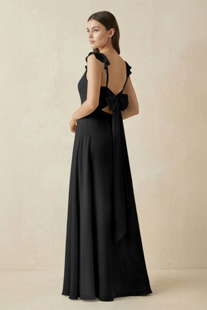 Ruffled Sleeve A - Line Chiffon Bridesmaid Dress in Black - KissProm Bridesmaid Dresses