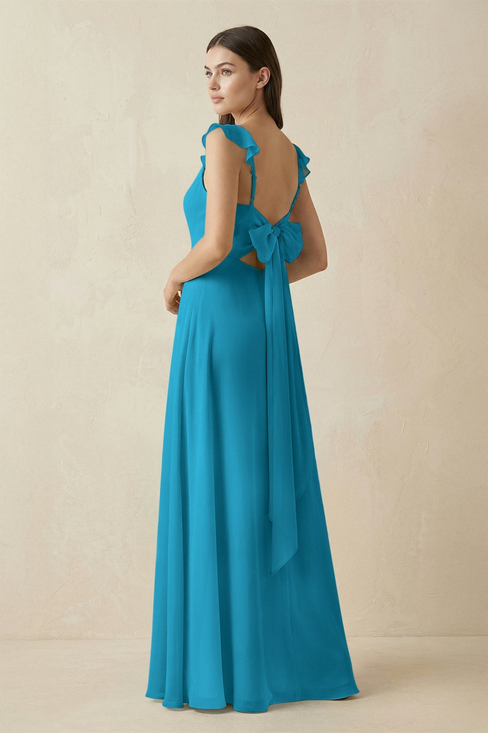 Ruffled Sleeve A - Line Chiffon Bridesmaid Dress in Blue Jay - KissProm Bridesmaid Dresses