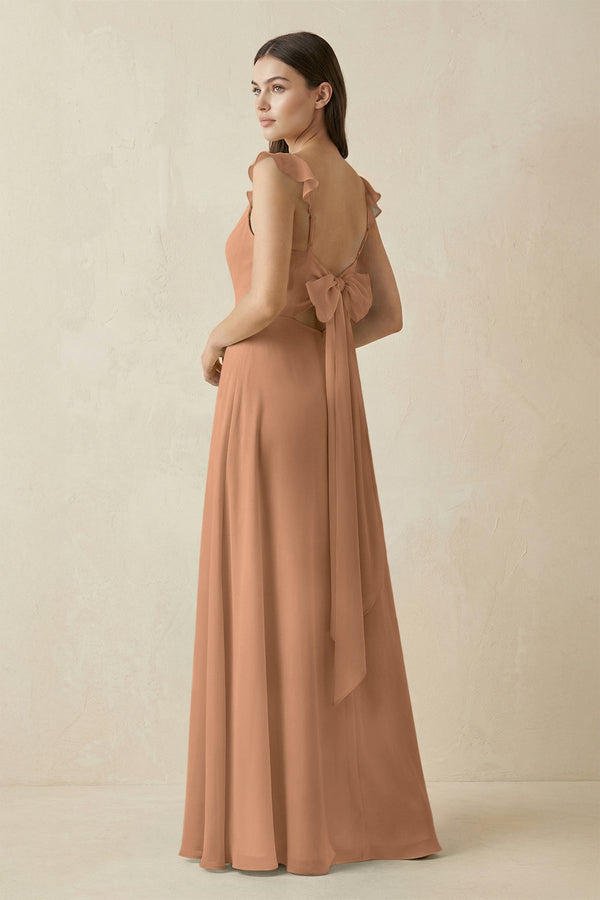 Ruffled Sleeve A - Line Chiffon Bridesmaid Dress in Bronzer - KissProm Bridesmaid Dresses