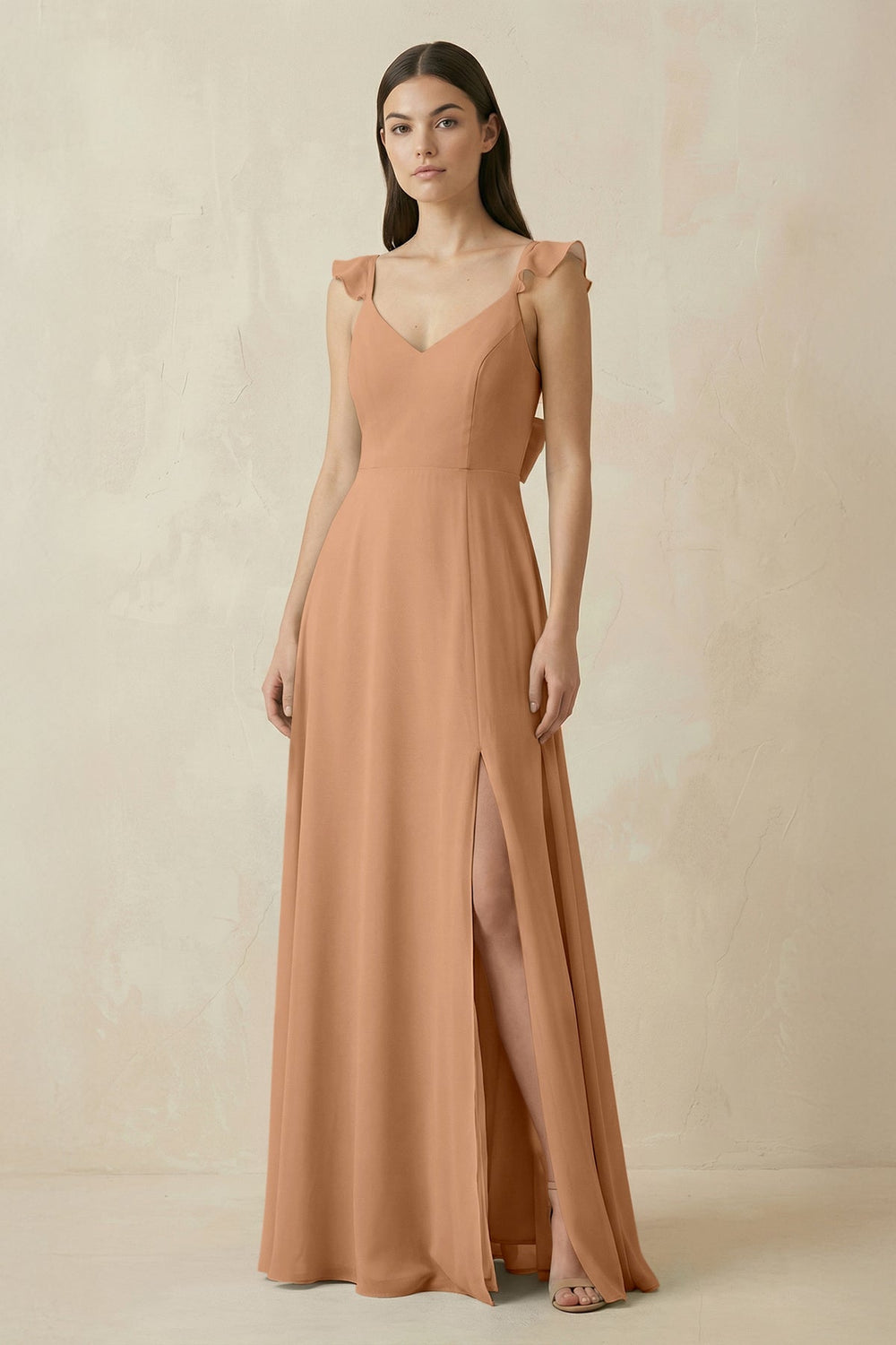 Ruffled Sleeve A - Line Chiffon Bridesmaid Dress in Bronzer - KissProm Bridesmaid Dresses