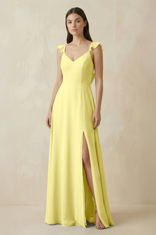 KissProm Ruffled Sleeve A-Line Chiffon Bridesmaid Dress in Buttercup, Buttercup / 8