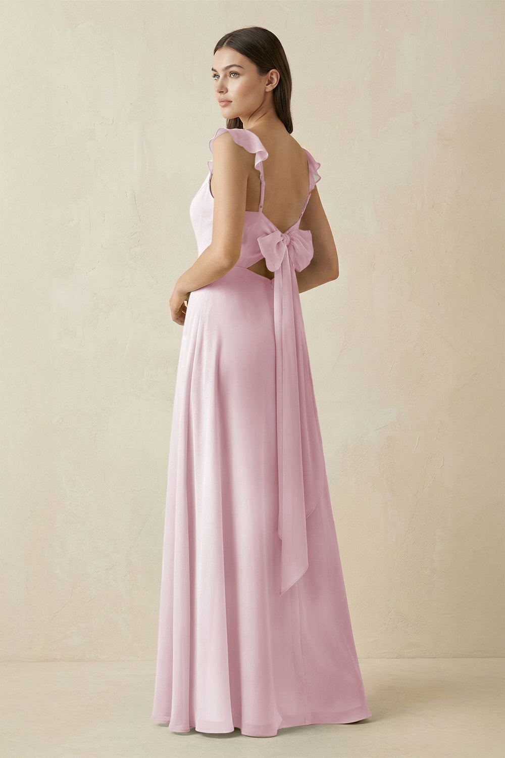 Ruffled Sleeve A - Line Chiffon Bridesmaid Dress in Candy Pink - KissProm Bridesmaid Dresses