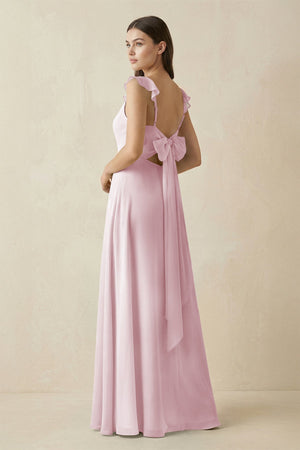 Ruffled Sleeve A - Line Chiffon Bridesmaid Dress in Candy Pink - KissProm Bridesmaid Dresses
