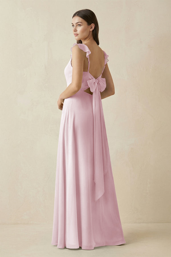 Ruffled Sleeve A - Line Chiffon Bridesmaid Dress in Candy Pink - KissProm Bridesmaid Dresses