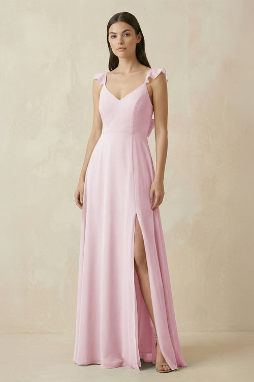 KissProm Ruffled Sleeve A-Line Chiffon Bridesmaid Dress in Candy Pink, Candy Pink / 8