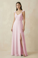 Ruffled Sleeve A - Line Chiffon Bridesmaid Dress in Candy Pink - KissProm Bridesmaid Dresses