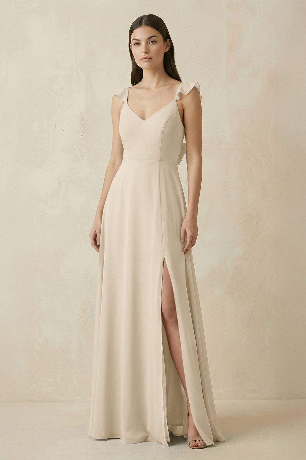 Ruffled Sleeve A - Line Chiffon Bridesmaid Dress in Champagne - KissProm Bridesmaid Dresses