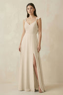 Ruffled Sleeve A - Line Chiffon Bridesmaid Dress in Champagne - KissProm Bridesmaid Dresses