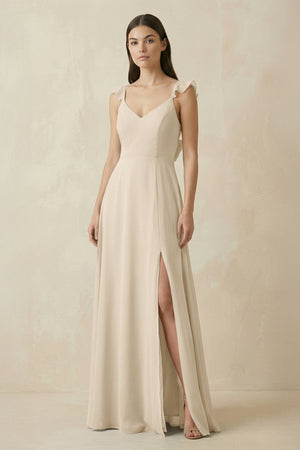 Ruffled Sleeve A - Line Chiffon Bridesmaid Dress in Champagne - KissProm Bridesmaid Dresses