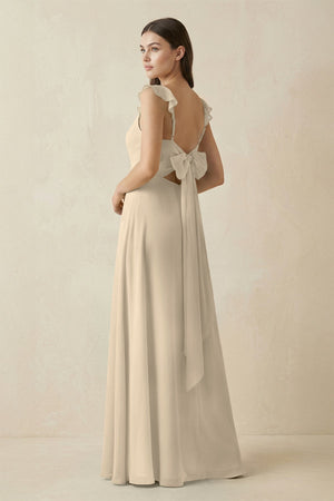 Ruffled Sleeve A - Line Chiffon Bridesmaid Dress in Champagne - KissProm Bridesmaid Dresses
