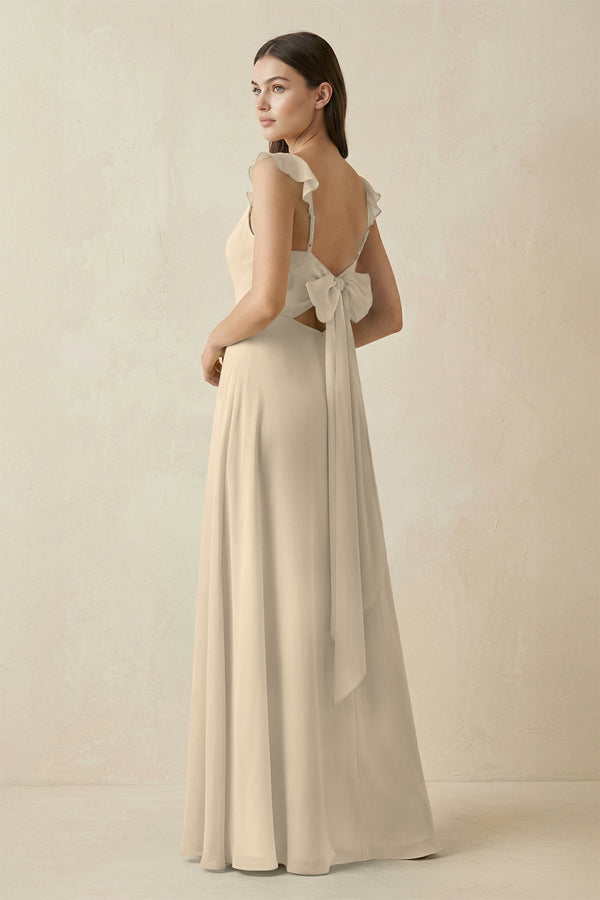 Ruffled Sleeve A - Line Chiffon Bridesmaid Dress in Champagne - KissProm Bridesmaid Dresses