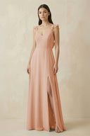 Ruffled Sleeve A - Line Chiffon Bridesmaid Dress in Champagne Rose - KissProm Bridesmaid Dresses
