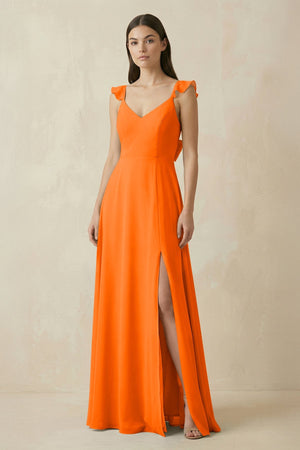 Ruffled Sleeve A - Line Chiffon Bridesmaid Dress in Cinnamon - KissProm Bridesmaid Dresses