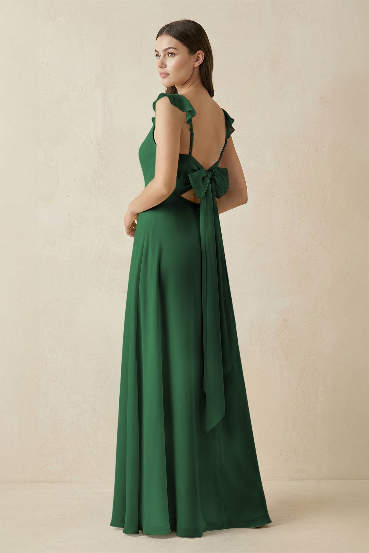 KissProm Ruffled Sleeve A-Line Chiffon Bridesmaid Dress in Dark Green, Dark Green / 30