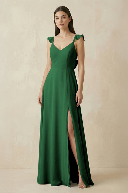 Ruffled Sleeve A - Line Chiffon Bridesmaid Dress in Dark Green - KissProm Bridesmaid Dresses