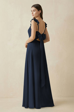 Ruffled Sleeve A - Line Chiffon Bridesmaid Dress in Dark Navy - KissProm Bridesmaid Dresses