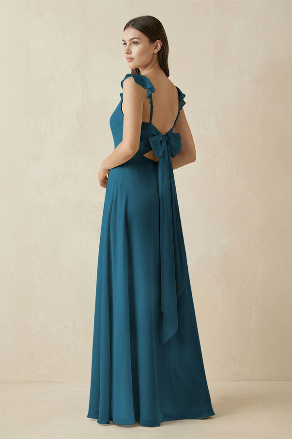 Ruffled Sleeve A - Line Chiffon Bridesmaid Dress in Dark Teal - KissProm Bridesmaid Dresses