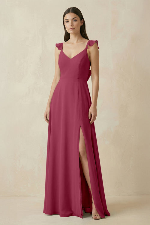 KissProm Ruffled Sleeve A-Line Chiffon Bridesmaid Dress in Desert Rose, Desert Rose / 24