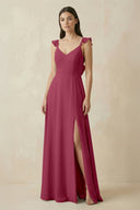 Ruffled Sleeve A - Line Chiffon Bridesmaid Dress in Desert Rose - KissProm Bridesmaid Dresses