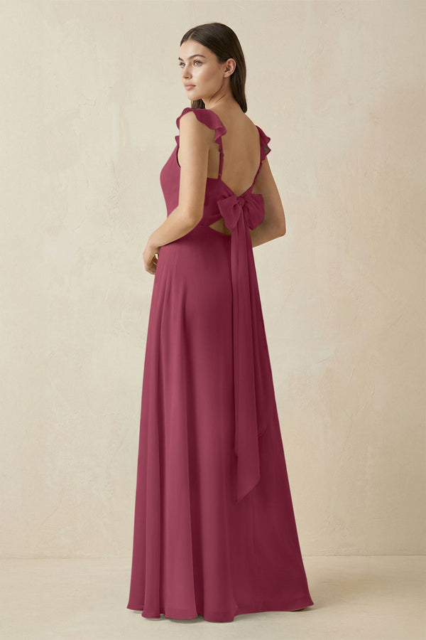 Ruffled Sleeve A - Line Chiffon Bridesmaid Dress in Desert Rose - KissProm Bridesmaid Dresses
