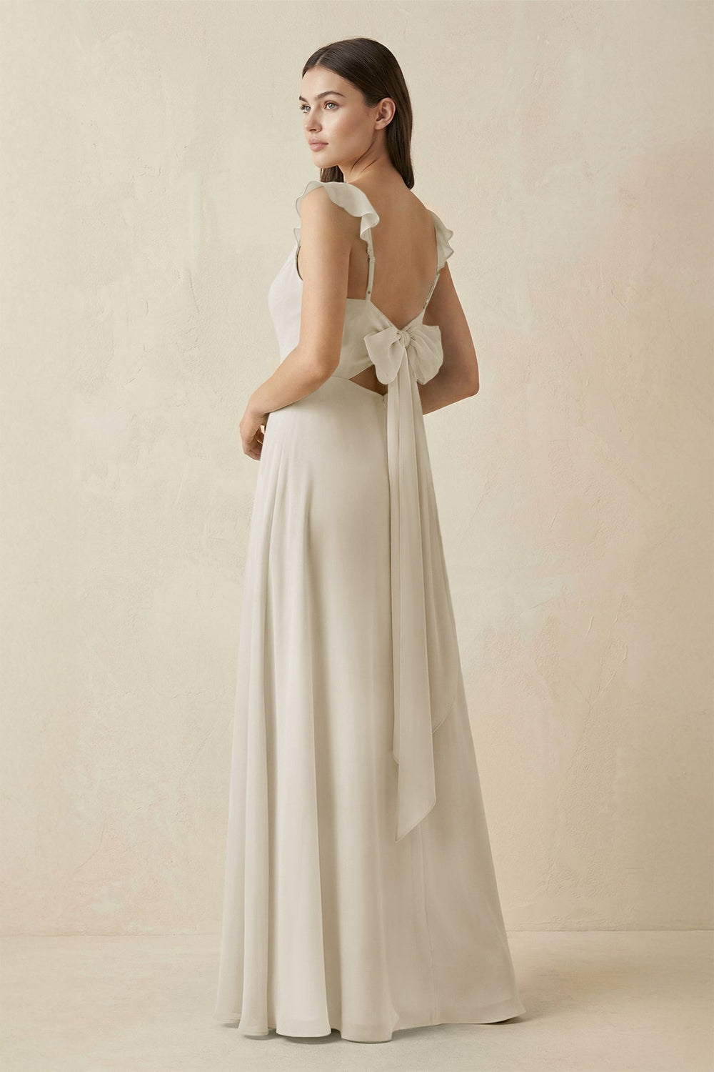 Ruffled Sleeve A - Line Chiffon Bridesmaid Dress in Dove Gray - KissProm Bridesmaid Dresses