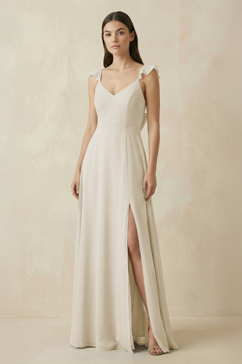 Ruffled Sleeve A - Line Chiffon Bridesmaid Dress in Dove Gray - KissProm Bridesmaid Dresses