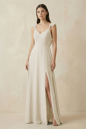 Ruffled Sleeve A - Line Chiffon Bridesmaid Dress in Dove Gray - KissProm Bridesmaid Dresses