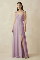 Ruffled Sleeve A - Line Chiffon Bridesmaid Dress in Dusk - KissProm Bridesmaid Dresses