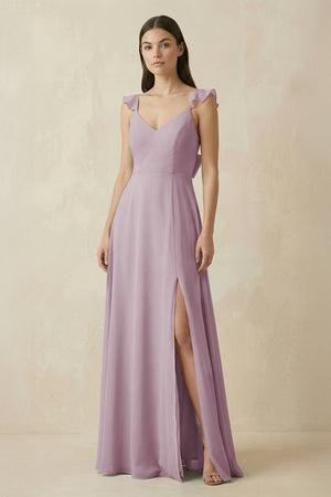 Ruffled Sleeve A - Line Chiffon Bridesmaid Dress in Dusk - KissProm Bridesmaid Dresses