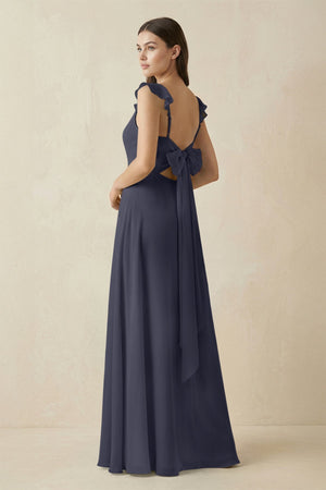 Ruffled Sleeve A - Line Chiffon Bridesmaid Dress in Dusk Blue - KissProm Bridesmaid Dresses