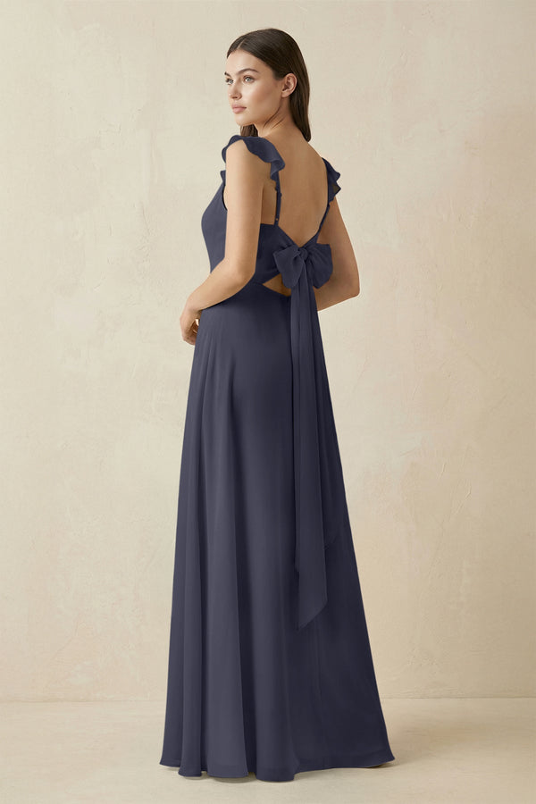 Ruffled Sleeve A - Line Chiffon Bridesmaid Dress in Dusk Blue - KissProm Bridesmaid Dresses
