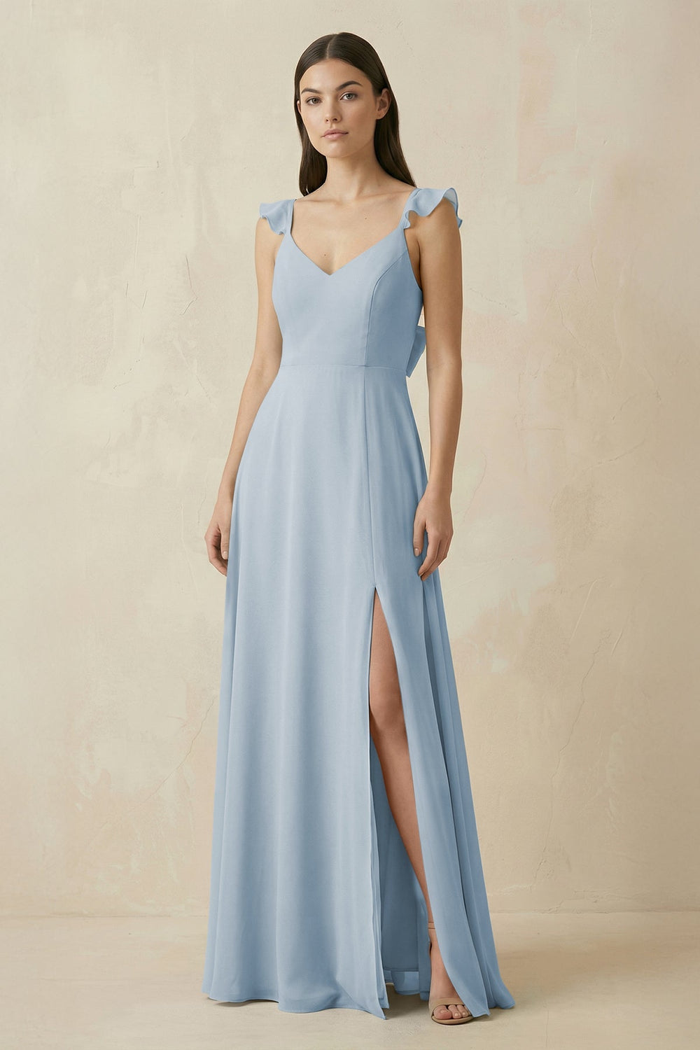 Ruffled Sleeve A - Line Chiffon Bridesmaid Dress in Dusty Blue - KissProm Bridesmaid Dresses