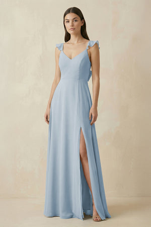 Ruffled Sleeve A - Line Chiffon Bridesmaid Dress in Dusty Blue - KissProm Bridesmaid Dresses