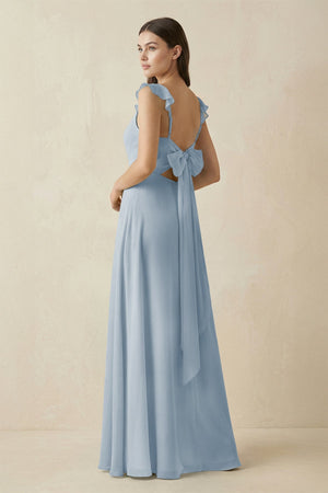 Ruffled Sleeve A - Line Chiffon Bridesmaid Dress in Dusty Blue - KissProm Bridesmaid Dresses
