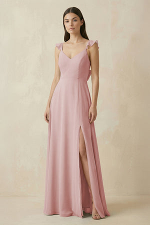 Ruffled Sleeve A - Line Chiffon Bridesmaid Dress in Dusty Rose - KissProm Bridesmaid Dresses