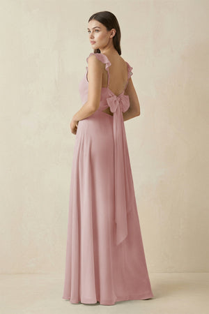 Ruffled Sleeve A - Line Chiffon Bridesmaid Dress in Dusty Rose - KissProm Bridesmaid Dresses