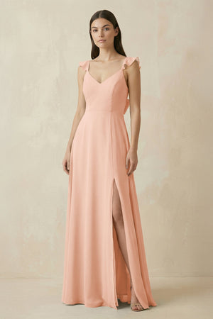 Ruffled Sleeve A - Line Chiffon Bridesmaid Dress in English Rose - KissProm Bridesmaid Dresses