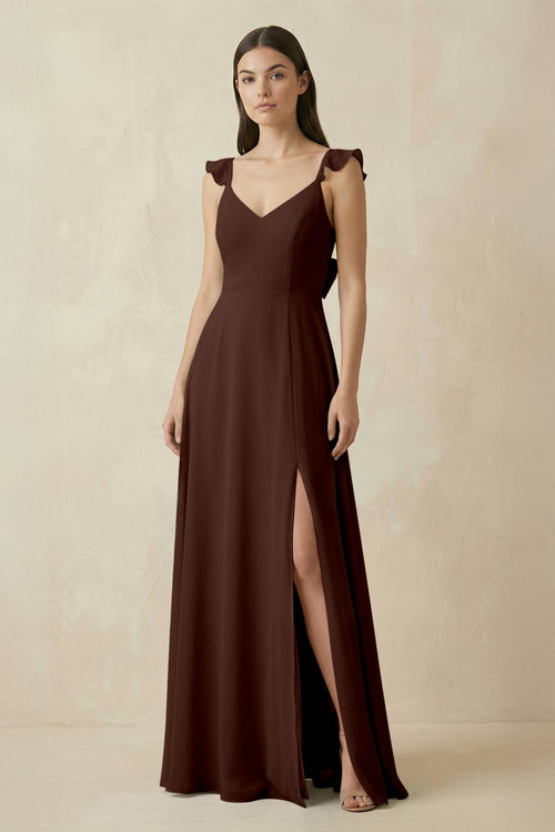 KissProm | Ruffled Sleeve A-Line Chiffon Bridesmaid Dress in Espresso KissProm | Ruffled Sleeve A-Line Chiffon Bridesmaid Dress in Espresso