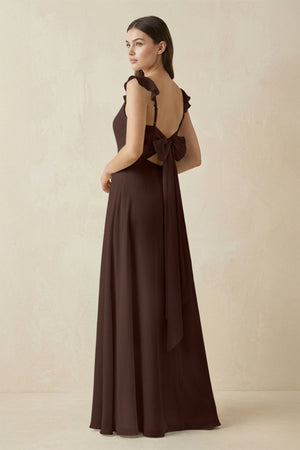 Ruffled Sleeve A - Line Chiffon Bridesmaid Dress in Espresso - KissProm Bridesmaid Dresses